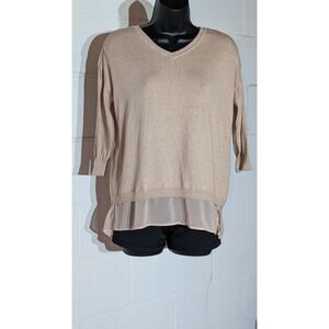 Venus Sweater V Neck 3/4 Sleeve Lace Up Back Detail Sheer Panel Hem Top Small
